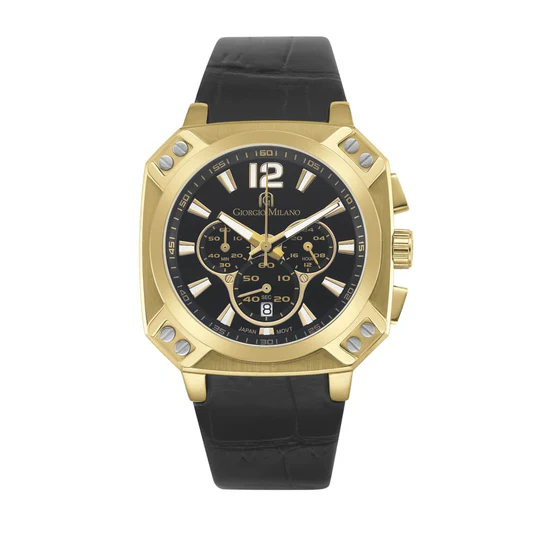 Giorgio Milano Chrono Square Gold Case Black Leather Strap 886SG032 Tempo 