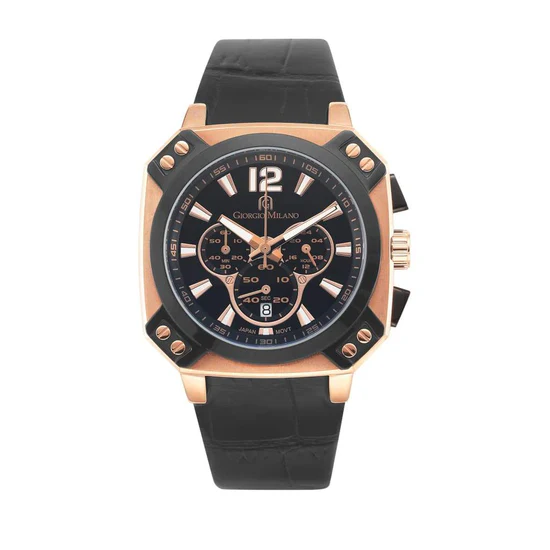 Giorgio Milano Chrono Square Rose Gold Case Black Leather Strap 886RGBK032 Tempo 