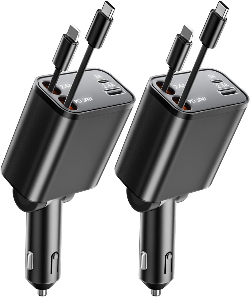 2 Pack Retractable Car Charger, 4 in 1, 69W Fast Car Phone Charger