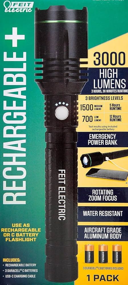 FEIT ELECTRIC RECHARGEABLE TORCH + POWER BANK AND CHARGING PORT , 3000 HIGH LUMENS 
