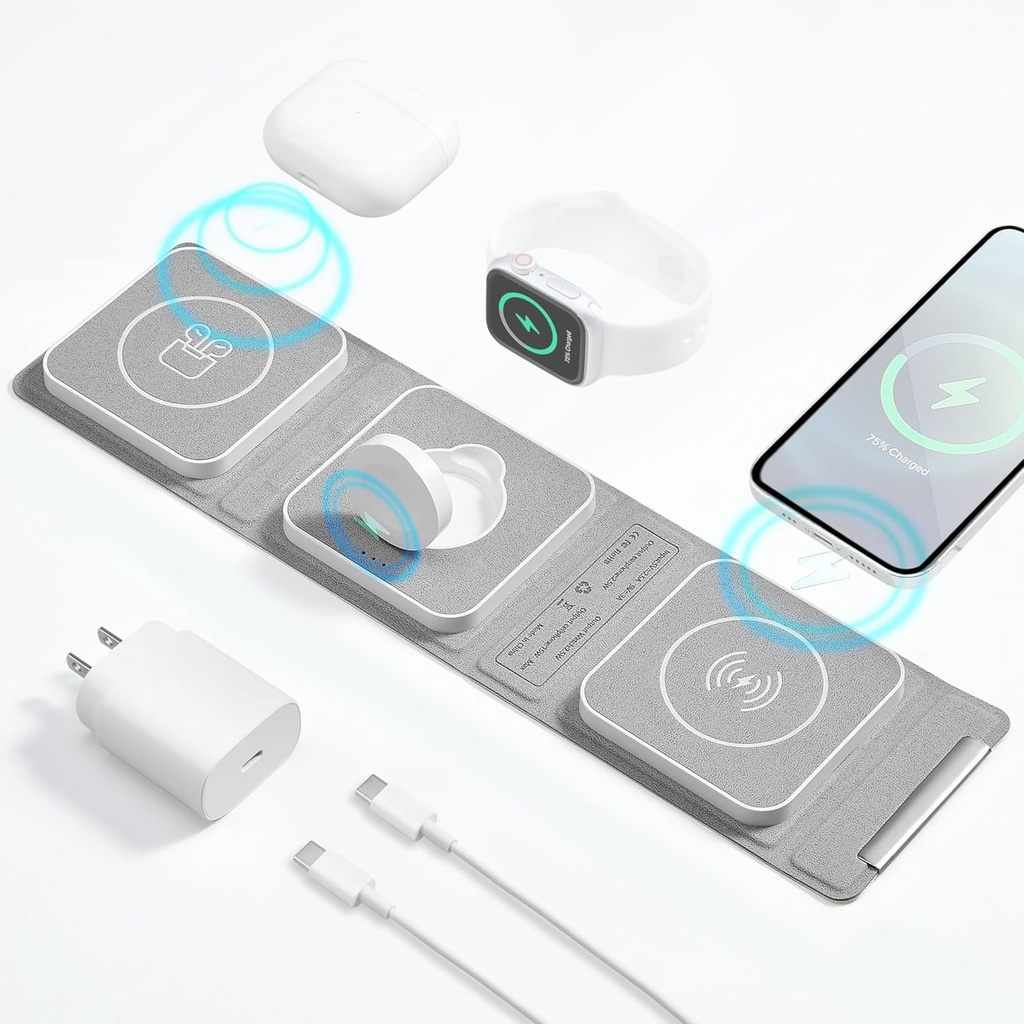 VEMDIA 20W 3 in 1 Foldable Wireless Charging Station Mag-Safe Travel Charging Pad for  Apple 