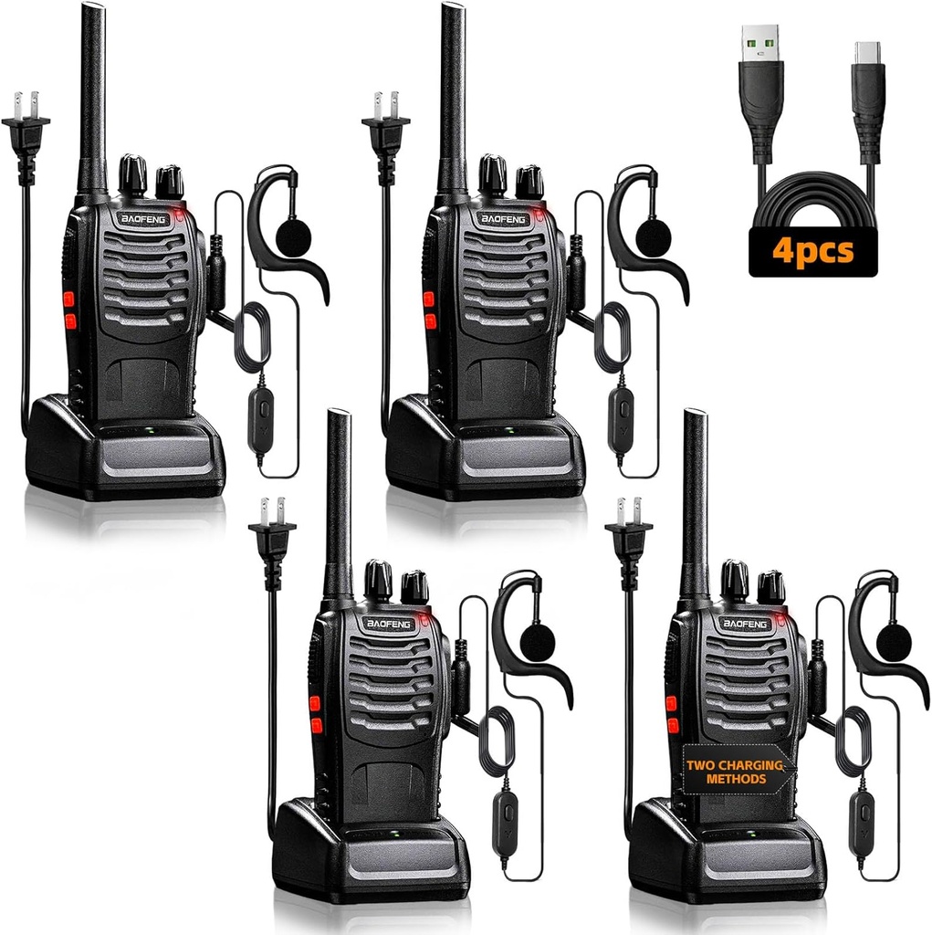 Baofeng 4set Walkie Talkies Long Range with Earpieces, 16 Channel Walkie Talkie Rechargeable Handheld Two Way Radios
