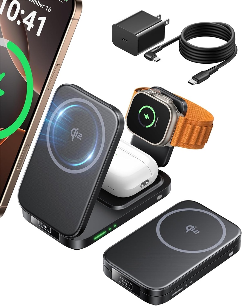 INIU 3 in 1 Charging Station Multiple Devices for Apple, 15W Magnetic Foldable Travel Wireless Charger for iPhone 16 pro max 15 14 13 12 Series, 