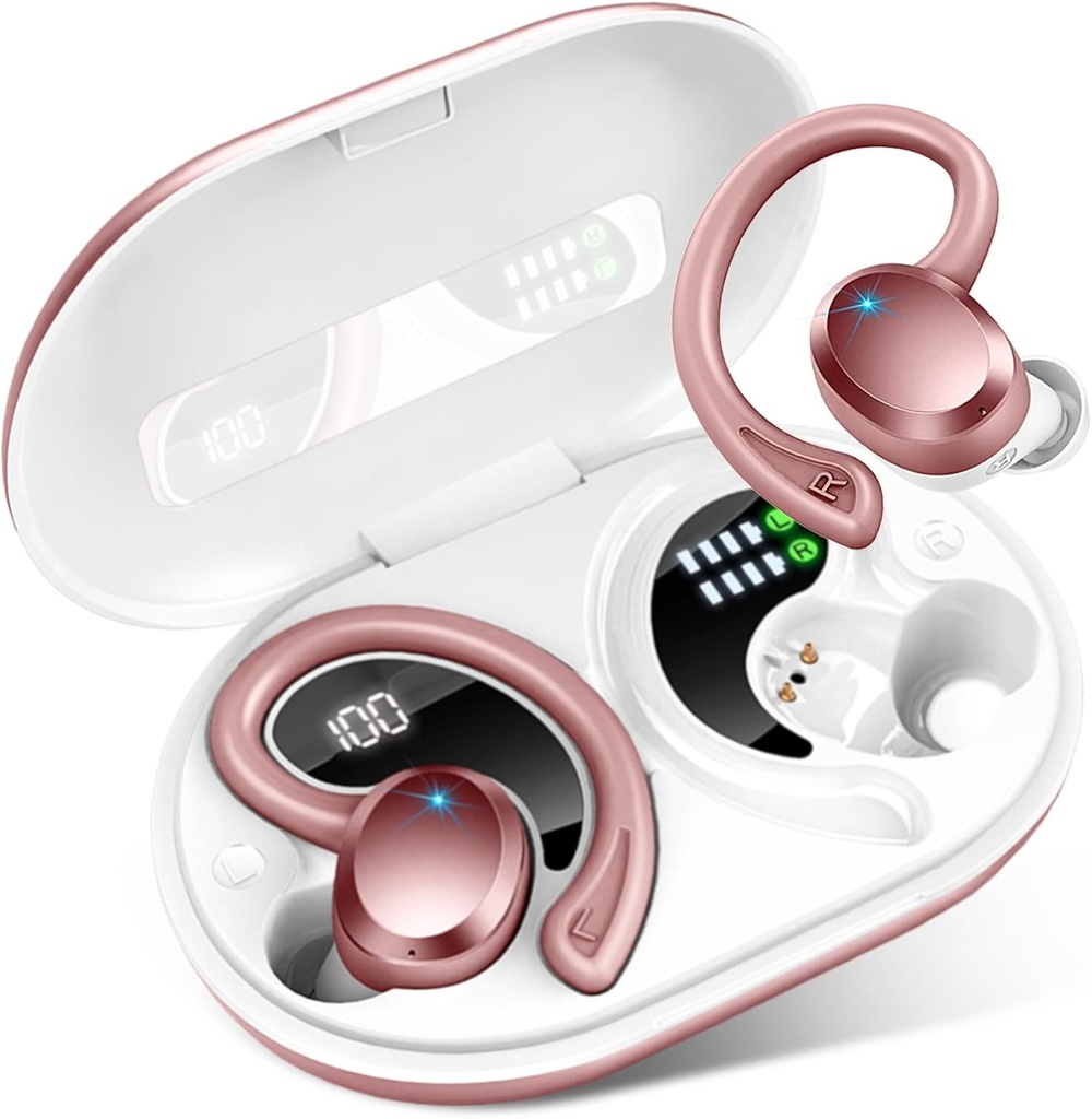 PEFUPEW Wireless Earbuds, Over Ear Buds With ENC Noise Cancelling Mic, 48H,  Earhooks, Stereo Deep Bass, IP7 Waterproof for Workout, Rose Gold