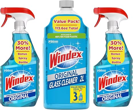 Windex Original Glass Cleaner, 2 spray bottles + 67 fl. oz. Refill | Total 113 fl. oz