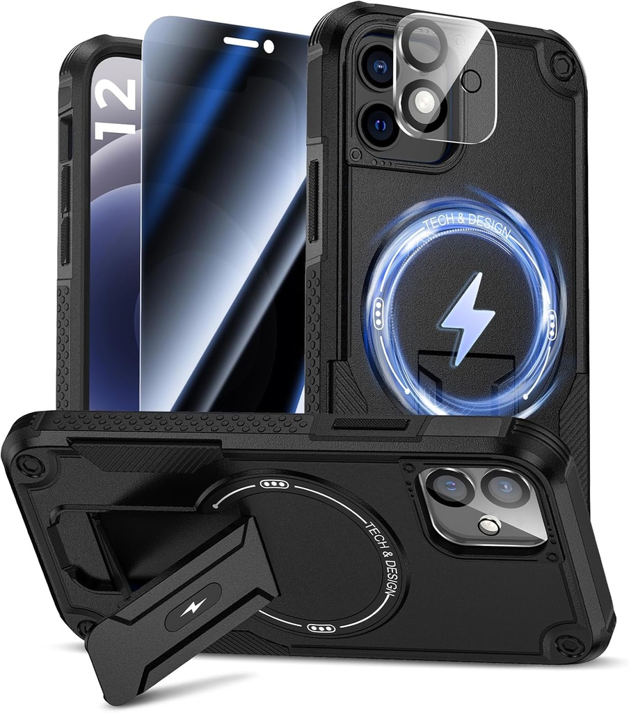Goton for iPhone 12 Case with Privacy Tempered Glass Screen Protector & Camera Lens Protector