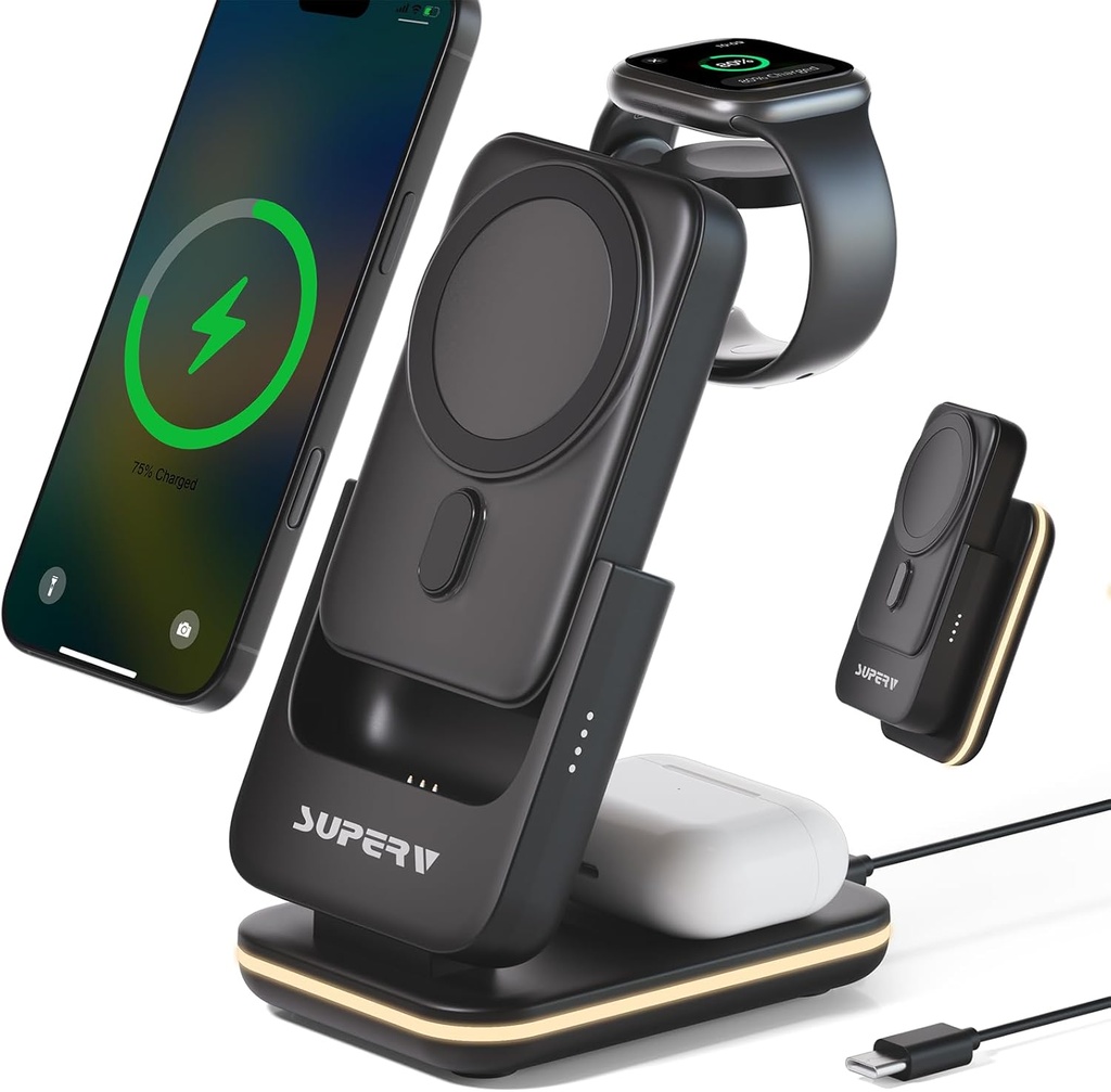 Merkury 4 in 1 Wireless Charging Station: 5000mAh Removable Power Bank Foldable Charging Stand - Black