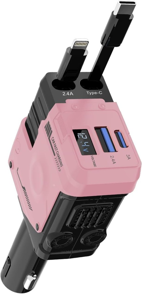 4 in 1 Retractable Car Charger, 120W Car Charger USB C Fast Charge with 2 Cables  Pink