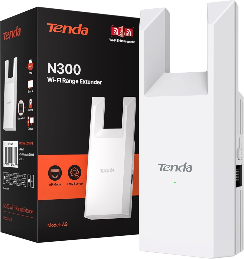 Tenda WiFi Extender N300, WiFi Extender Signal Booster, with Ethernet Port, Up to 800 Sq. Ft.,Single Band WiFi Booster, Repeater Mode&AP Mode,Easy Setup,2.4GHz only(R10-WT)