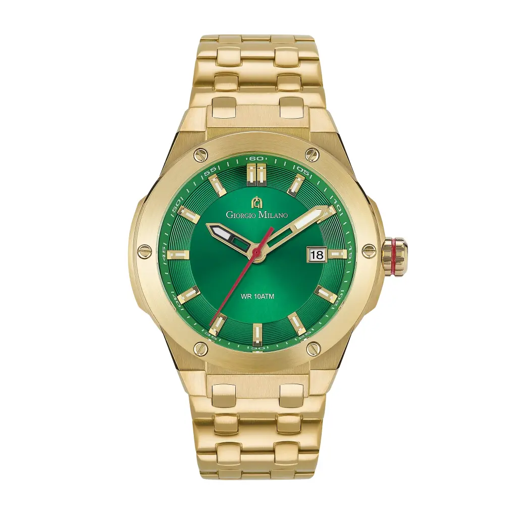 Giorgio Milano round stainless steel with IP gold ,green dial and date movt LUCIS 249SG18