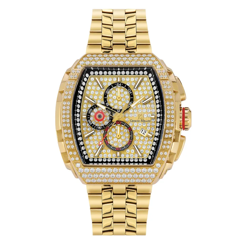 Giorgio Milano Chronograph IP gold stainless steel stones bezel pave stone dial with black rubber strap MAESTRO 245SG03M