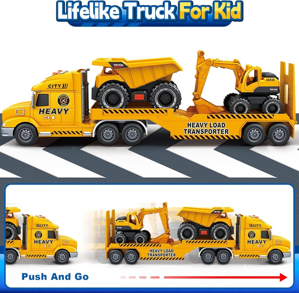 Rugged Racers Construction Hauler Truck with Excavator and Dump Truck, Friction Powered Toys with Lights and Sounds,