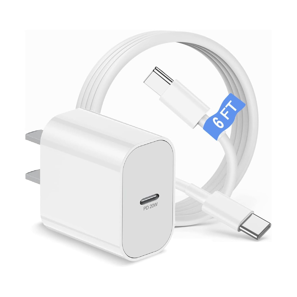 i Phone 17 16 15 20W Fast Charger combo USB C wall Charger with 6 FT Type C Cable White 