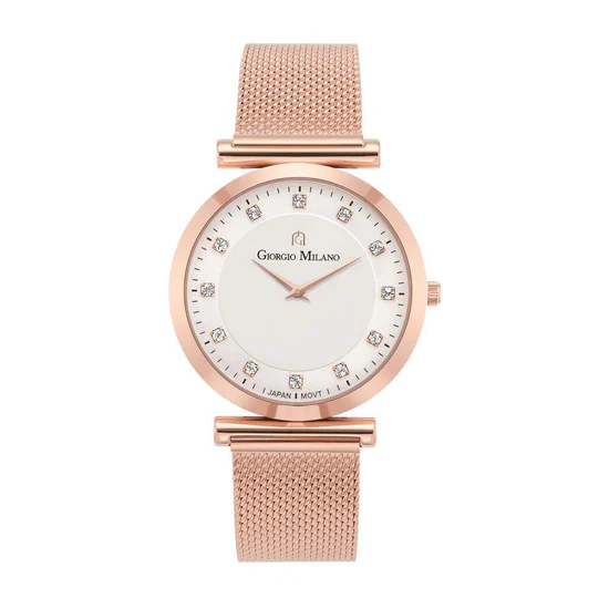 Giorgio Milano Ladies Round stainless steel case.Silver dial with crystal makers and rose gold strap 212RG2 CAMILLA