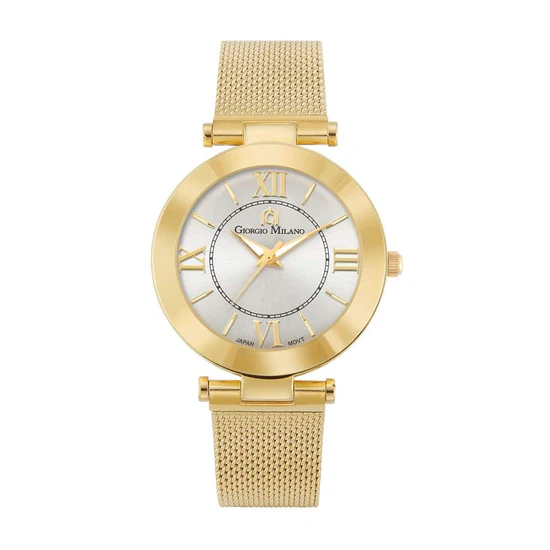 Giorgio Milano Ladies round gold case with silver dial gold mesh band 220SG2 