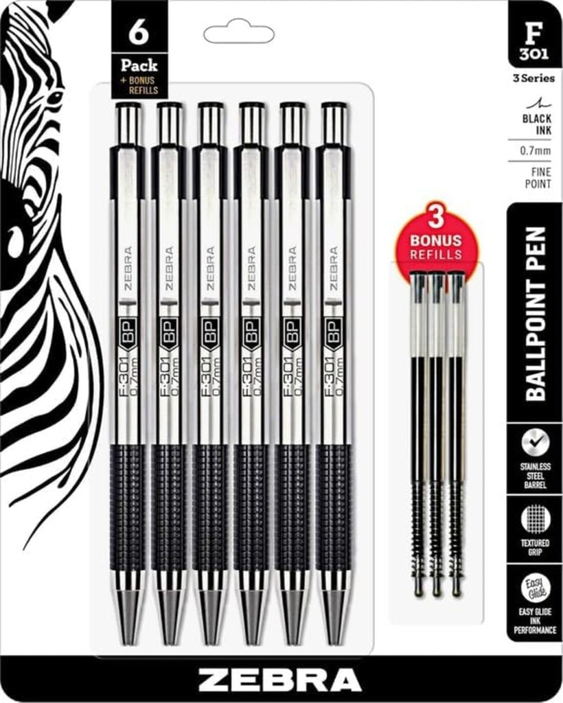 ZEBRA 9 PACK + 2 REFILLS BALLPOINT PEN F.301 ,STAINLESS STEEL