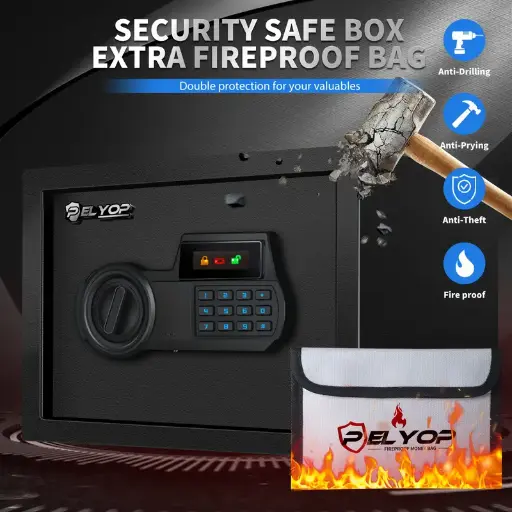 Fireproof Safe Box with Backlit Keypad, Display Screen & LED Light - Key Lock Security . Portable 