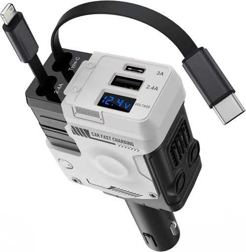 4 in 1 Retractable Car Charger, 127W Car Charger USB C Fast Charge with 2 Cables 