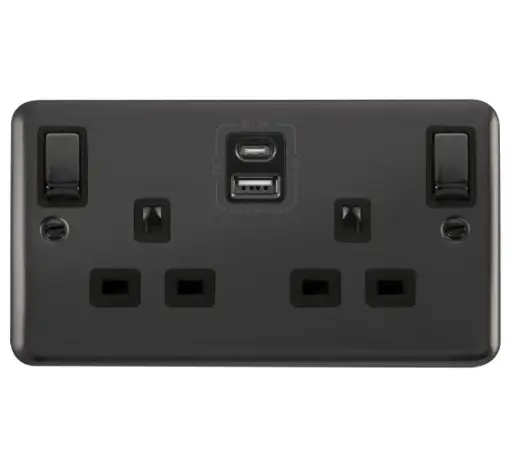 13A Double Multi Switch Socket with Light + USB C Black