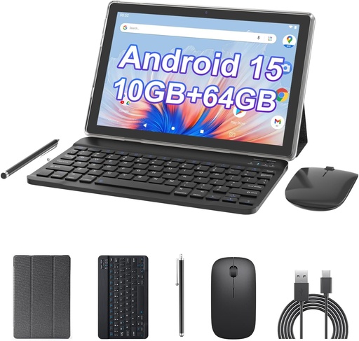 HDTABLET CP20 Android 15 Tablet 10 inch, 2 in1 Tablets with Keyboard Case Mouse Stylus 