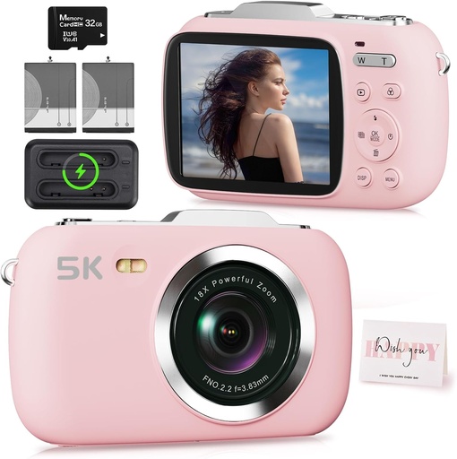  DIGITAL CAMERA 5K ULTRA UHD 80MP 18X ZOOM PINK WITH 32GB TF CARD